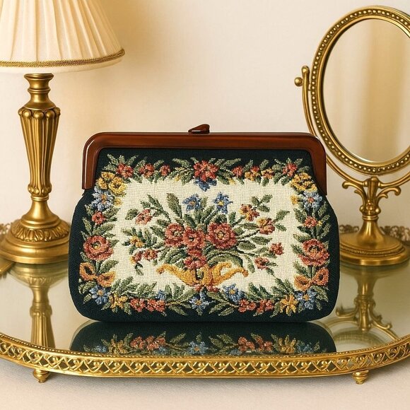 VTG 1950s Needlepoint Tapestry Clutch Floral Purse Tortoise Shell Frame Handbag - Picture 14 of 14